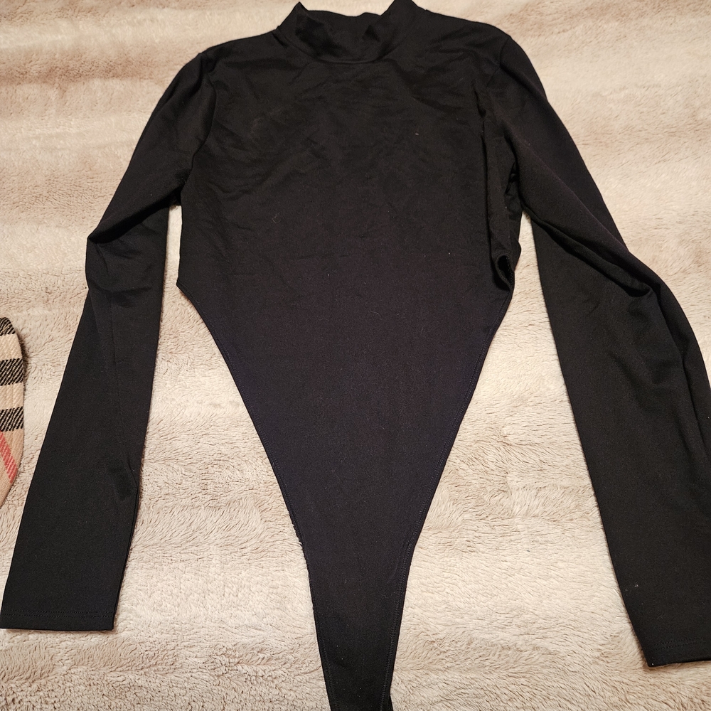 Abercrombie & Fitch Black Long Sleeve High Leg Mock Neck Bodysuit--medium